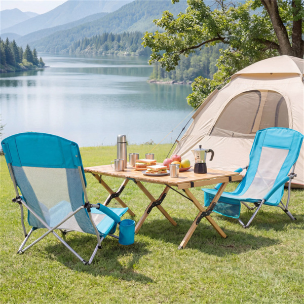 2折叠沙滩椅便携式可折叠沙滩椅，带手提包，5.5磅轻便露营椅，带杯架和网眼口袋（蓝色）-3