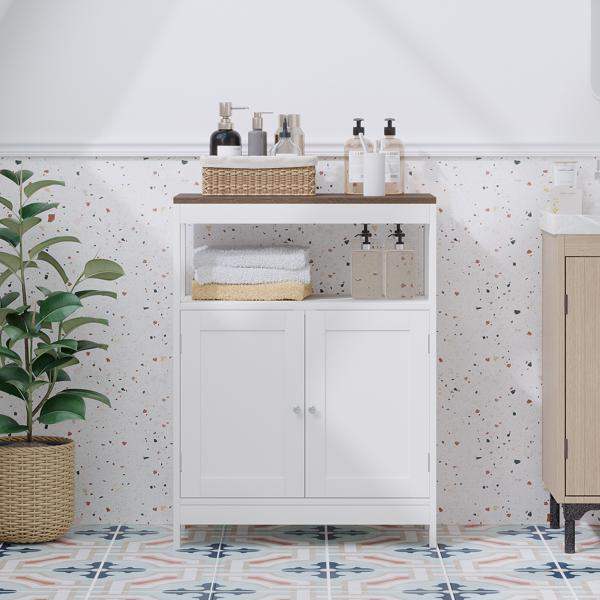 现代双门储物柜，独立式浴室柜，带可调节层板和天然木质台面，多功能收纳柜，适用于厨房、客厅、浴室或玄关 – 白色(不支持self-pick up且不支持指定仓库发货)-13