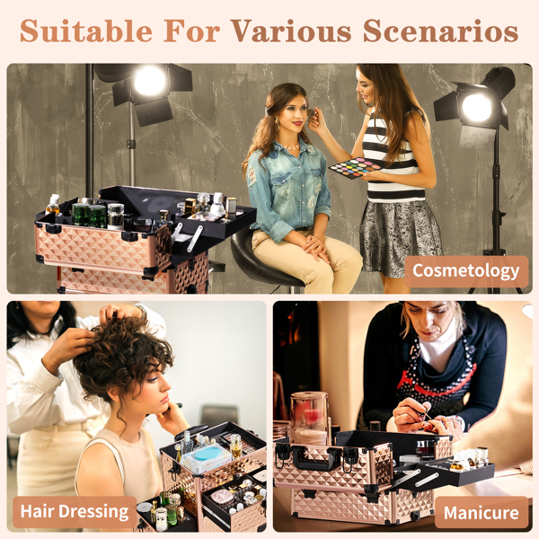 2合一带滑轨前抽 平面左抽可拆卸万向轮 铝制 钻石纹 香槟金 化妆箱 34*24*72.5cm-10