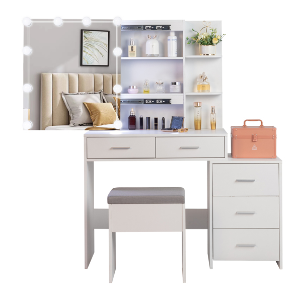 【旧编码：36347634】白色 麻面刨花板贴三胺 5抽 2层架 推拉门镜柜 梳妆桌套装 三色调光球泡灯 N201-7
