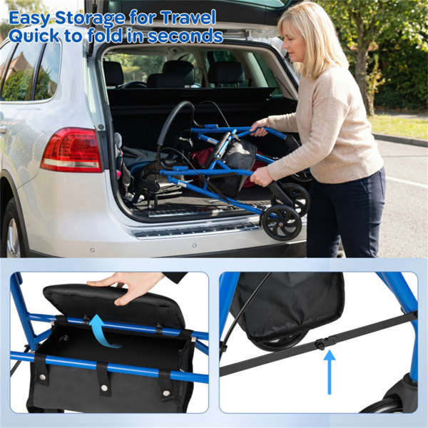 带座椅的二合一滚轮助行器（蓝色），8英寸大车轮和多功能制动系统，高度可调-8