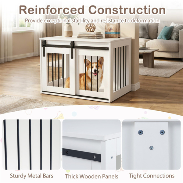31.5英寸带滑动谷仓门的狗笼家具，室内使用的木制狗舍端桌 - 白色-6