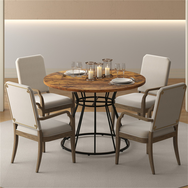 棕色47英寸圆形餐桌，适合4-6人家庭使用，沙漏金属底座和曲面桌面-7