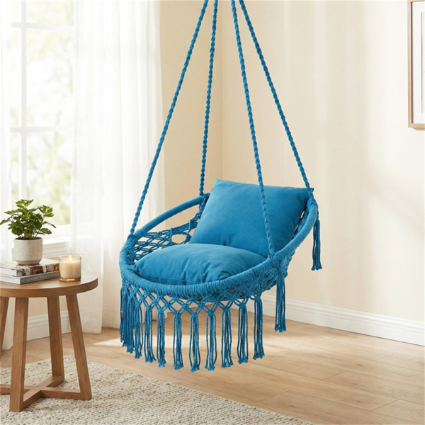 波西米亚流苏结 秋千带2个软垫的悬挂秋千椅，可容纳330磅的吊床椅，适用于室内室外卧室露台阳台-海军蓝-6