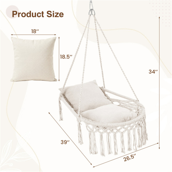 波西米亚流苏结 秋千带2个软垫的悬挂秋千椅，可容纳330磅的吊床椅，适用于室内室外卧室露台阳台-米色-4