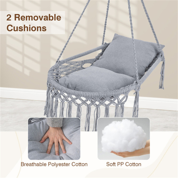 波西米亚流苏结 秋千带2个软垫的悬挂秋千椅，可容纳330磅的吊床椅，适用于室内室外卧室露台阳台-灰色-8