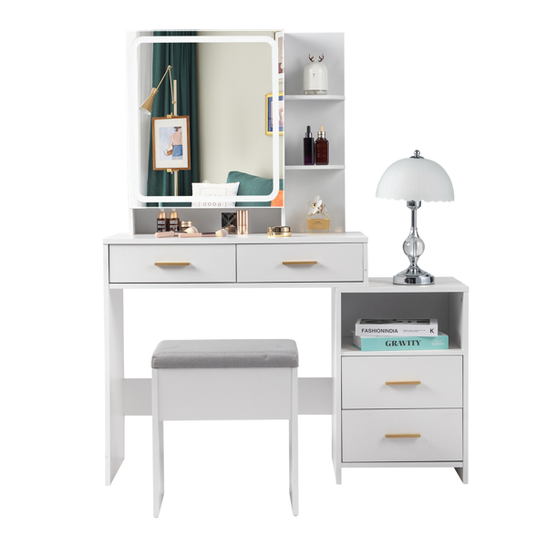  白色 刨花板三胺贴面 4抽 1储物柜 2层架 镜柜 梳妆桌套装 LED三色调光 N001-5