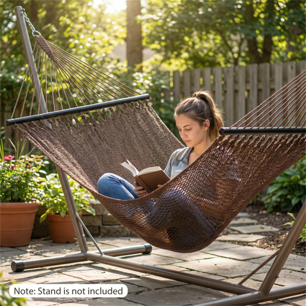 2人聚酯加勒比吊床，带硬木撑杆，可承重600磅，露台花园双人吊-棕色-8