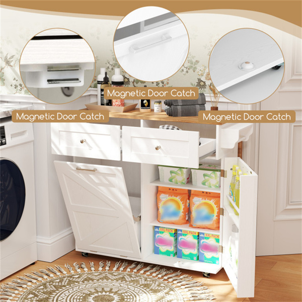 白色移动厨房岛推车，带落叶设计，可锁定的万向轮和垃圾箱-10