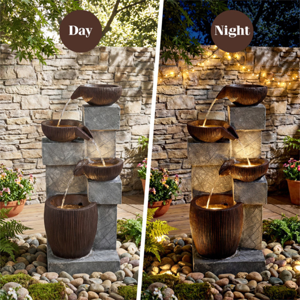 带LED灯的四层瀑布喷泉，花园露台可调节流量的树脂玻璃纤维室外喷泉-9