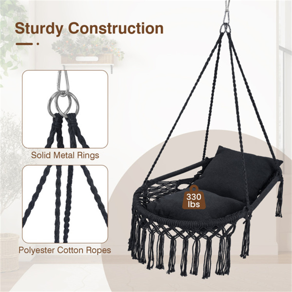 波西米亚流苏结 秋千带2个软垫的悬挂秋千椅，可容纳330磅的吊床椅，适用于室内室外卧室露台阳台-黑色-8