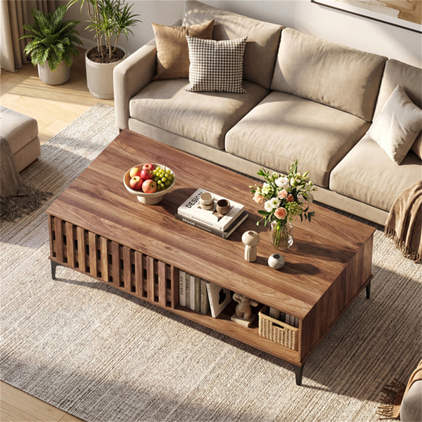 47英寸中世纪咖啡桌，带储物柜和开放式隔间，胡桃木外观装饰桌，带重型金属腿，适合客厅使用-11