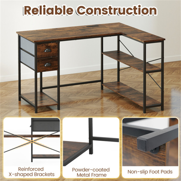 L形电脑桌，带内置电源插座、USB和Type-C充电端口、带织物抽屉和储物架的家庭办公室角桌 - 粗犷棕色-4