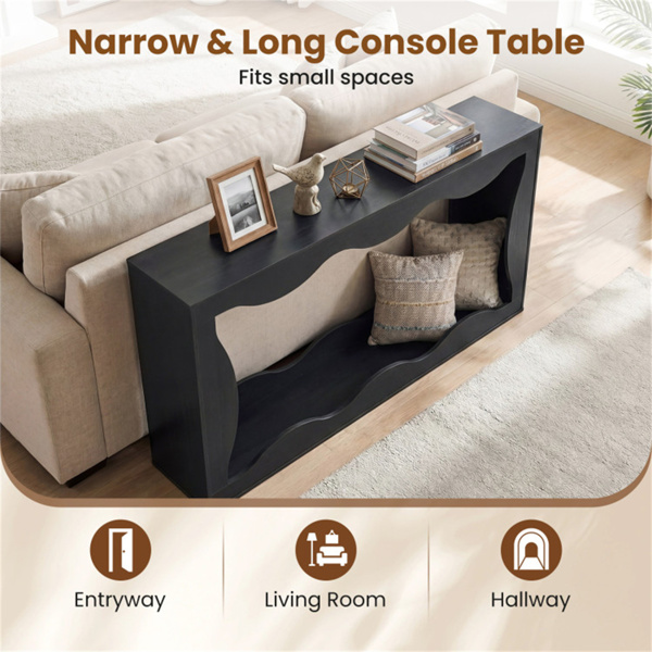 63英寸窄控制台桌，波浪形中空设计，2层超长入口桌，带储物架 - 黑色-6