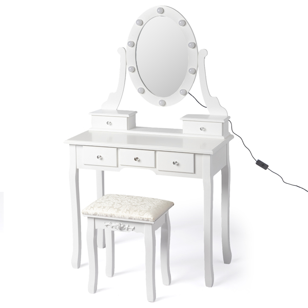 五抽单镜梳妆桌套装 欧式 带灯泡 白色=39757282,61588080-7