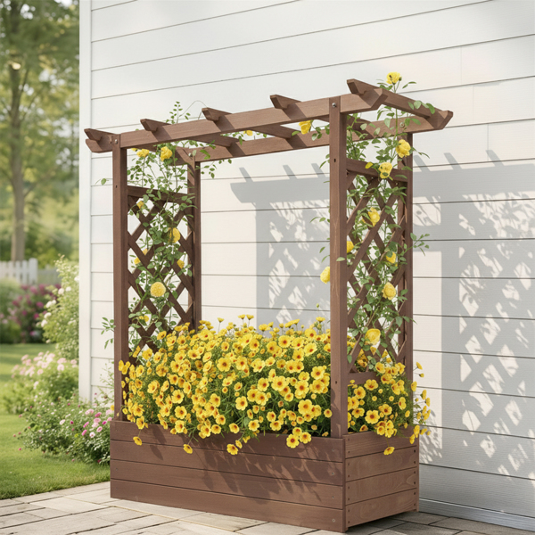 110*44.5*113CM 碳化色 带拱形格子 高架花园床 杉木 木种植-15