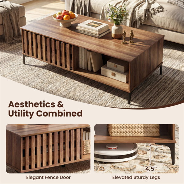 47英寸中世纪咖啡桌，带储物柜和开放式隔间，胡桃木外观装饰桌，带重型金属腿，适合客厅使用-9