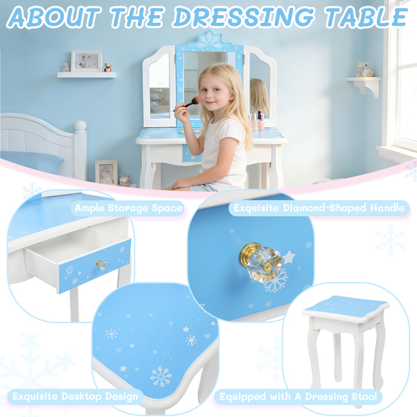  蓝色 雪花 密度板喷漆 三折镜 单抽 梳妆桌套装 儿童 N201-4