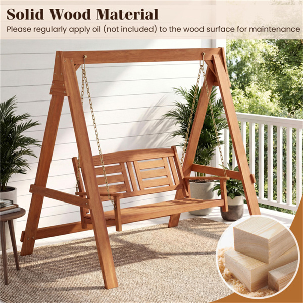 2人硬木门廊秋千，带支架，可容纳800磅的室外露台秋千，适用于花园池畔-6