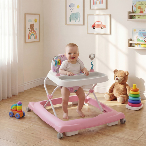 粉色可折叠婴儿学步车，带可拆卸托盘和形状分类玩具，3层高度可调，适用于6-12个月大的婴儿-2
