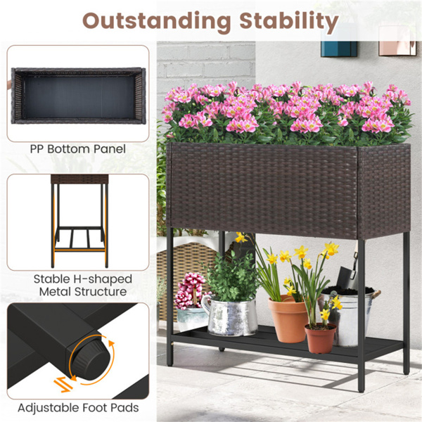 28英寸高架花盆箱，带储物架，符合人体工程学的花园床，用于露台阳台香草蔬菜 - 棕色-6