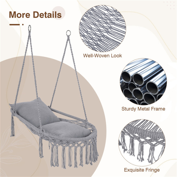 波西米亚流苏结 秋千带2个软垫的悬挂秋千椅，可容纳330磅的吊床椅，适用于室内室外卧室露台阳台-灰色-9