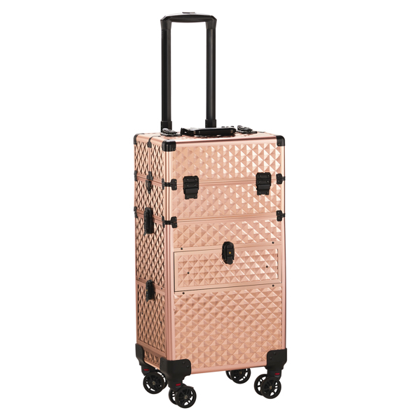 2合一带滑轨前抽 平面左抽可拆卸万向轮 铝制 钻石纹 香槟金 化妆箱 34*24*72.5cm-13