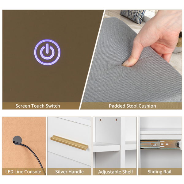  白色 刨花板三胺贴面 4抽 1储物柜 2层架 镜柜 梳妆桌套装 LED三色调光 N001-4