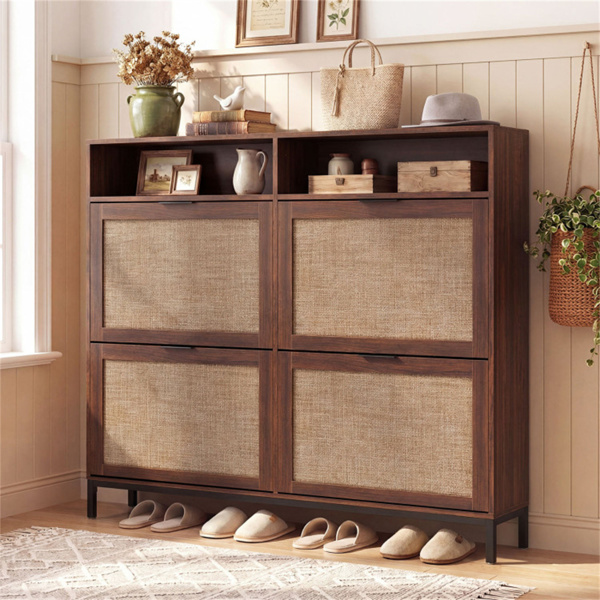 波西米亚风格鞋柜，带4个翻转抽屉和开放式架子，入口独立式鞋柜-2