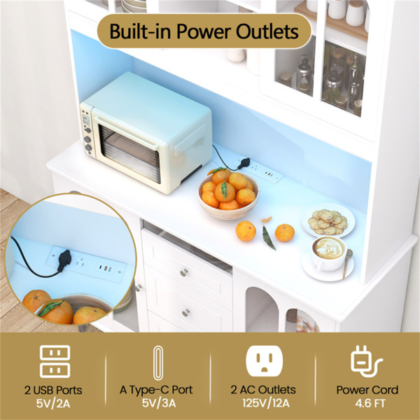 73英寸白色厨房餐具柜，带可定制的LED灯和内置充电站（USB/Type-C/AC插座）-8