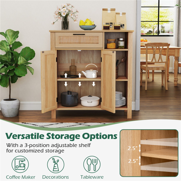 天然藤条自助餐侧板、抽屉和3个开放式架子、3位可调节橱柜架-7