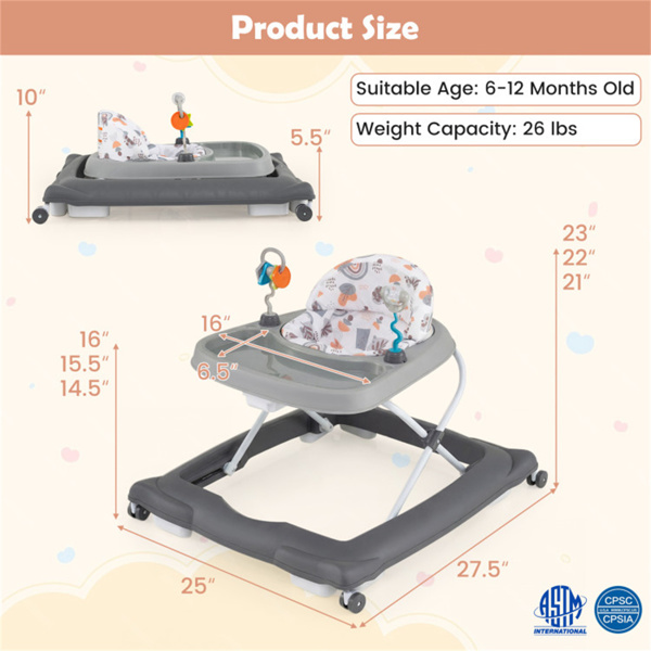 灰色可折叠婴儿学步车，带可拆卸托盘和形状分类玩具，3层高度可调，适用于6-12个月大的婴儿-5
