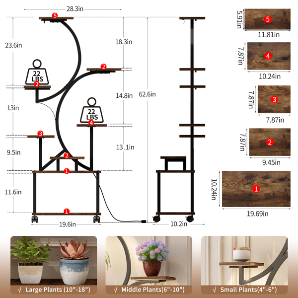室内植物架带生长灯 - 62 英寸高植物架，带灯转角植物架，适用于室内种植，8 层大型花卉架，S 形装饰架，适用于客厅（胡桃木色）--不支持self-pick up且不支持指定仓库发货-23
