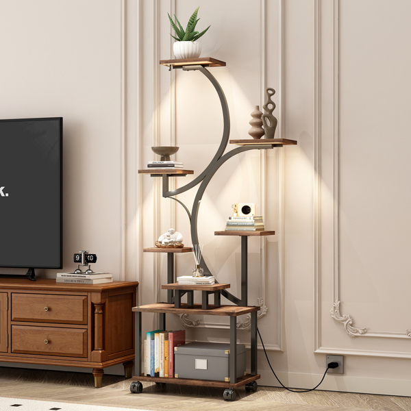 室内植物架带生长灯 - 62 英寸高植物架，带灯转角植物架，适用于室内种植，8 层大型花卉架，S 形装饰架，适用于客厅（胡桃木色）--不支持self-pick up且不支持指定仓库发货-11