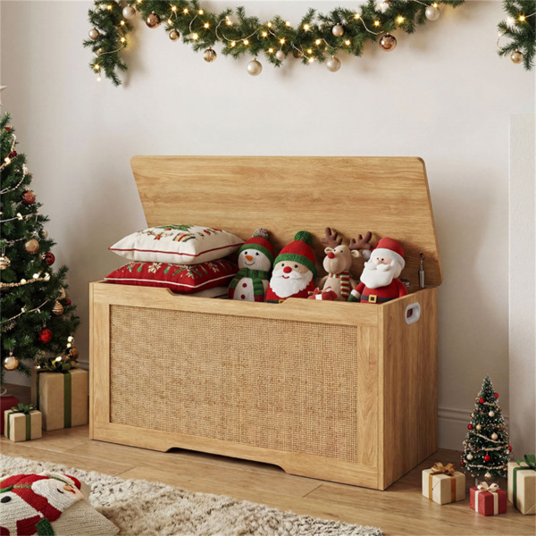 39加仑木制玩具箱储物箱，带软盖，藤条外观儿童储物台，适用于游戏室卧室-9