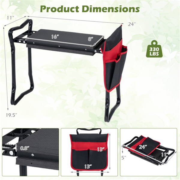 黑色二合一花园折叠凳膝盖，300LBS容量和内置工具袋，舒适的EVA座椅​-5