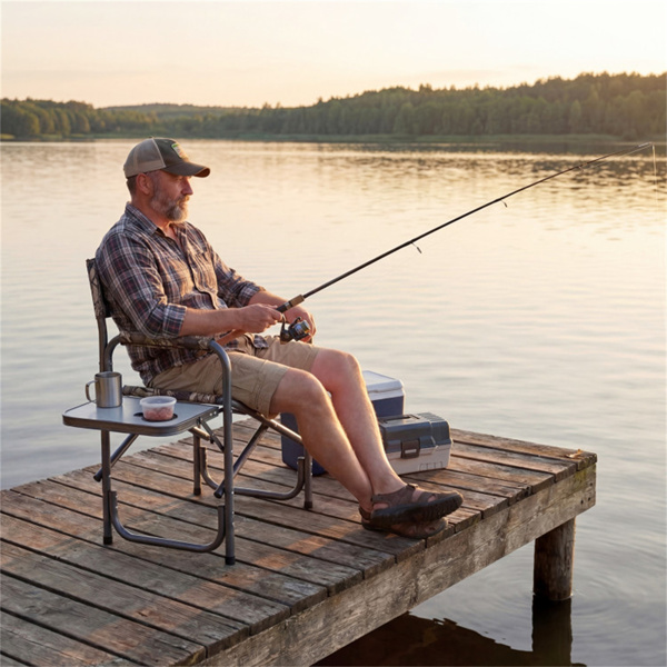 400LBS重型折叠露营椅，带边桌和杯架，户外带衬垫的董事椅-迷彩色-7