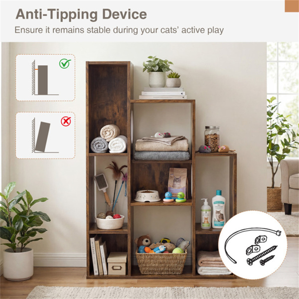 猫书架柜（乡村棕色），8个有序的存储区和多个攀爬平台-3