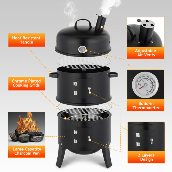 43*52*85CM 黑色 烟熏炉 圆筒形配烟囱 铁喷塑 烟熏炉-8