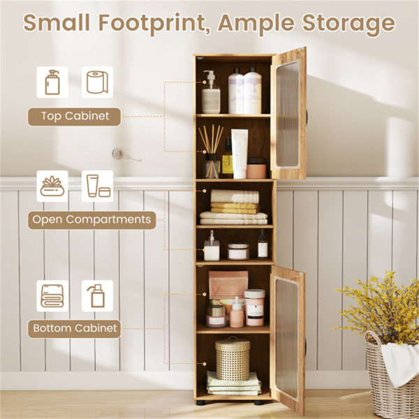 67英寸高瘦浴室储物柜，带槽门，可调节架子，独立式窄收纳架 - 自然色-11