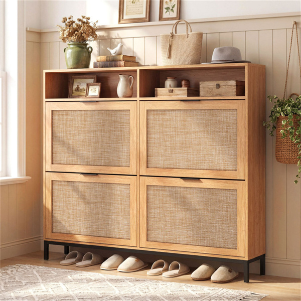 波西米亚风格鞋柜，带4个翻转抽屉和开放式架子，入口独立式鞋柜-棕色-2