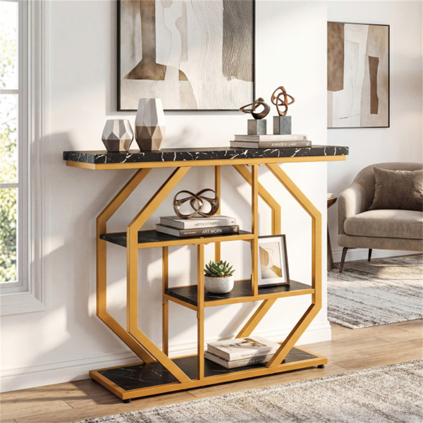 39.5英寸现代沙发桌，带4层储物空间，黑色和金色控制台桌，带人造大理石台面，用于客厅入口-2