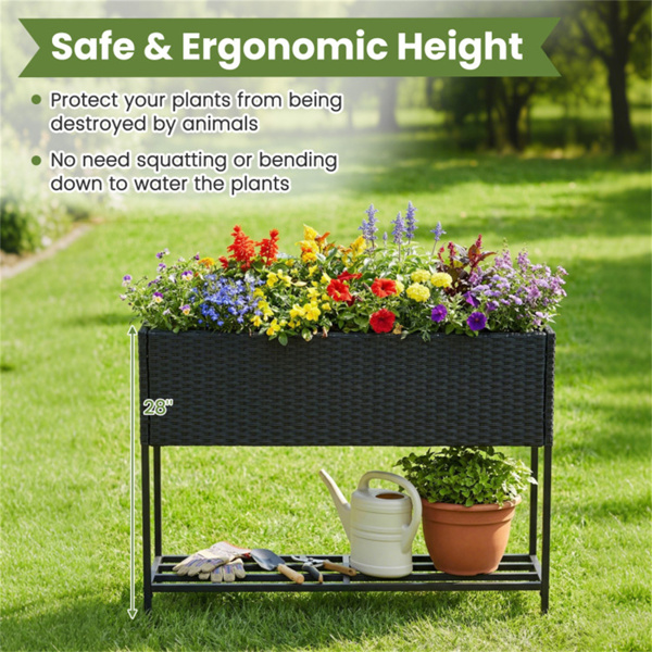 黑色PE藤条高架花盆，带下架，101.6×30.48×71.12cm带排水的高架花园床，7.03kg-7