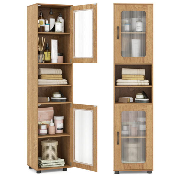 67英寸高瘦浴室储物柜，带槽门，可调节架子，独立式窄收纳架 - 自然色-1