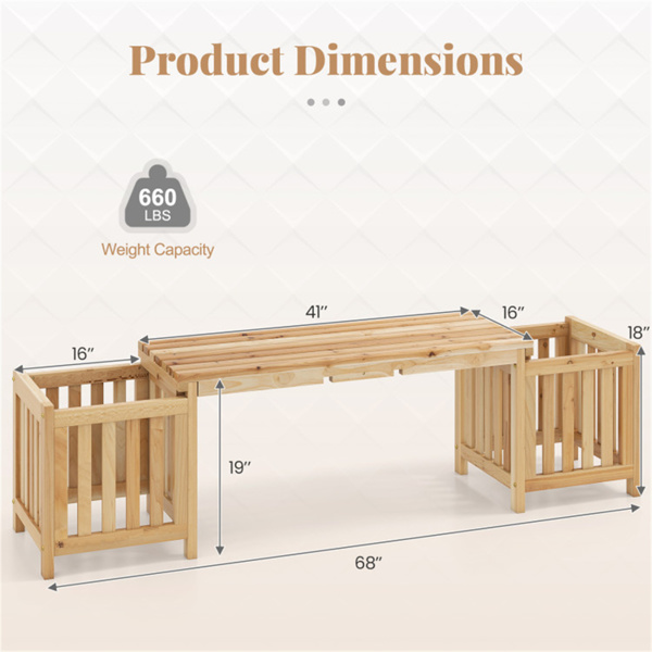 二合一木制花园长椅，带2个花盆箱，庭院和草坪的冷杉木户外露台座椅-6