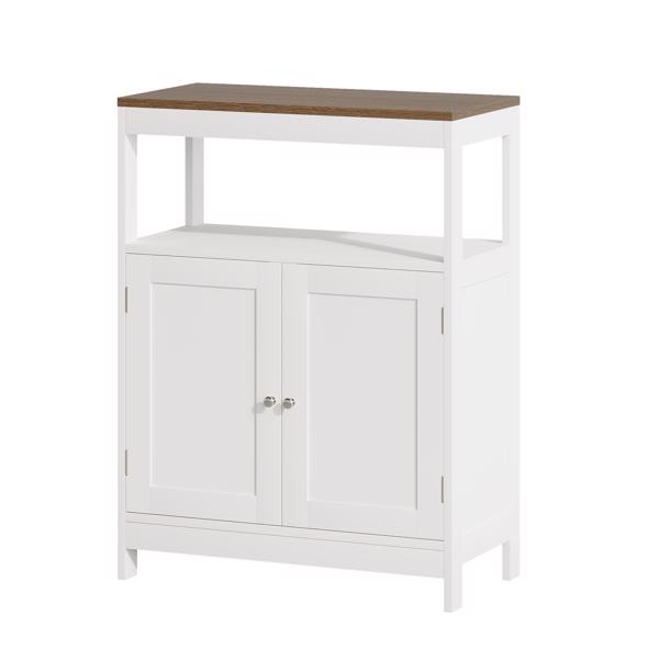 现代双门储物柜，独立式浴室柜，带可调节层板和天然木质台面，多功能收纳柜，适用于厨房、客厅、浴室或玄关 – 白色(不支持self-pick up且不支持指定仓库发货)-15