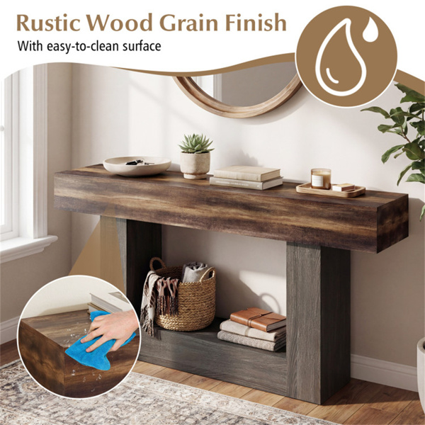 63英寸长窄入口桌，带防倾安全功能，农舍沙发控制台桌，带客厅走廊门厅两层储物空间-8