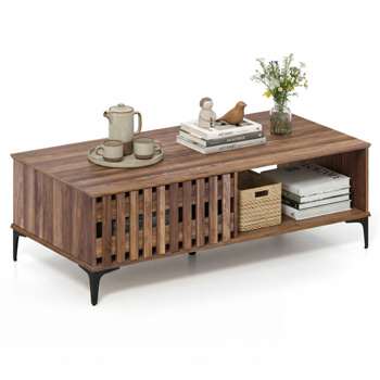 47英寸中世纪咖啡桌，带储物柜和开放式隔间，胡桃木外观装饰桌，带重型金属腿，适合客厅使用