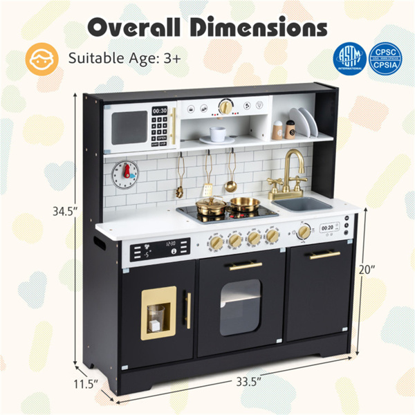 儿童木制游戏厨房，配有逼真的灯光和声音，为3岁幼儿提供假装制冰机和储物空间+ - 黑色-7