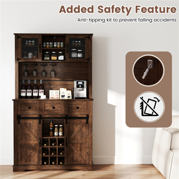 棕色农舍72英寸橱柜，带把手、滑动谷仓门和葡萄酒储物架-7